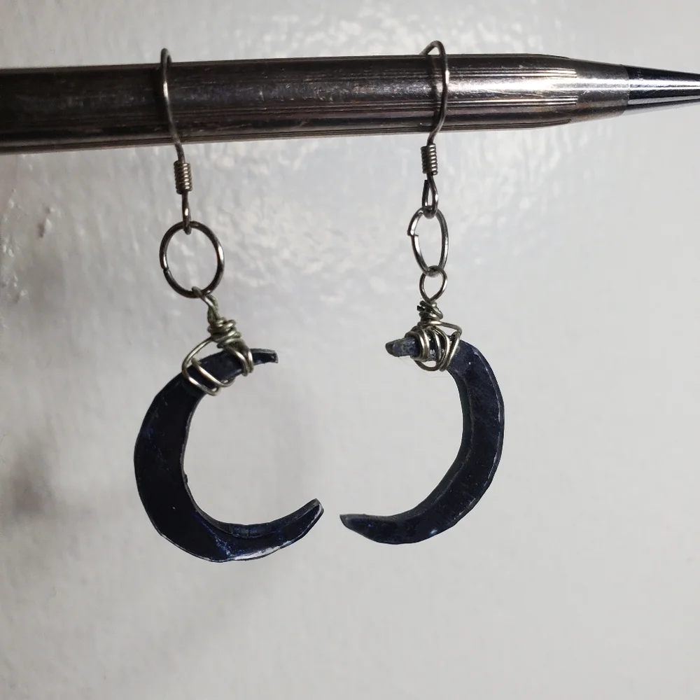 Wire Wrapped Deep Blue Rustic Witchy Crescent Moon Dangle Earrings